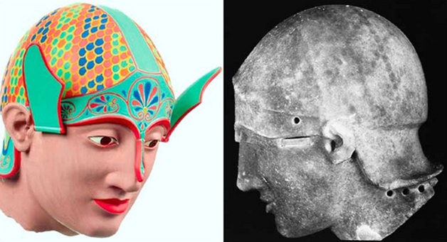 Kriegerkopf aus dem Ostgiebel des Aphaia-Tempels von Aigina, um 490/480 v.Chr. Im UV-Licht ist das Schuppenmuster auf dem Helm deutlich erkennbar. Copyright Stiftung ArchŠologie, MŸnchen