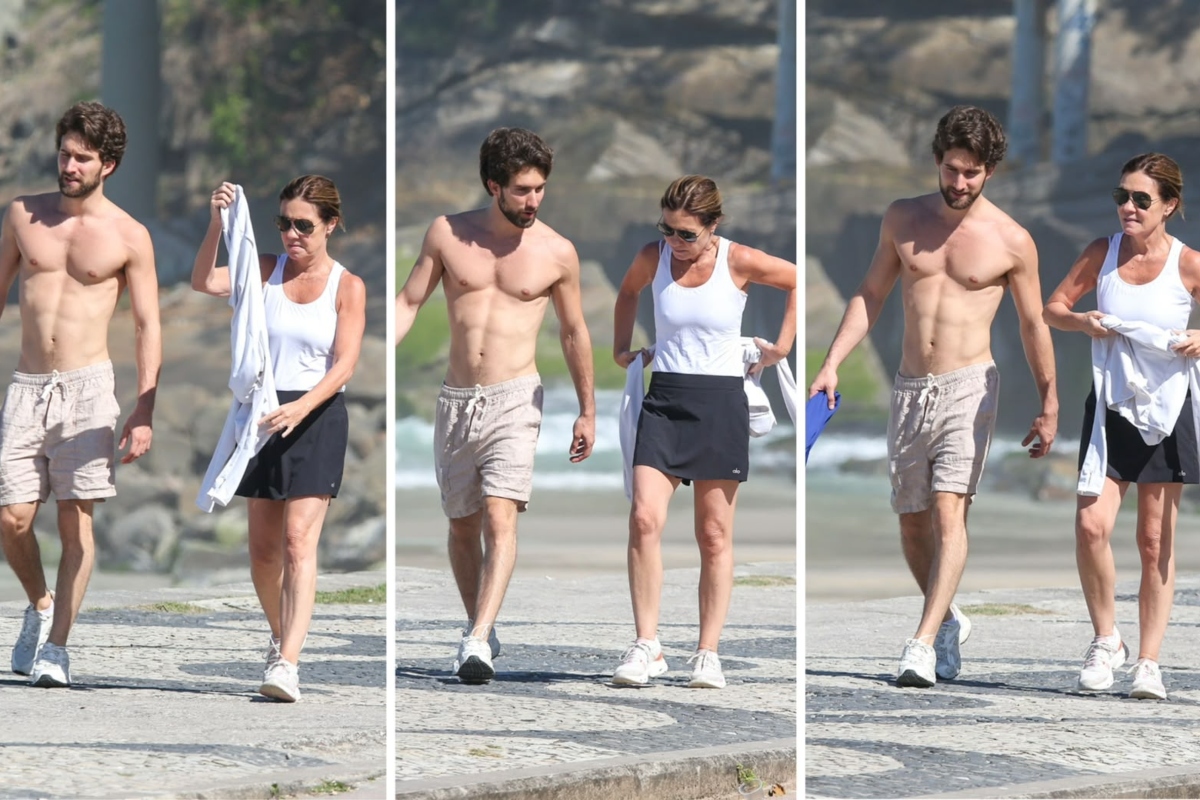 Adriana Esteves passeia com filho na orla e Felipe Ricca rouba a cena sem camisa