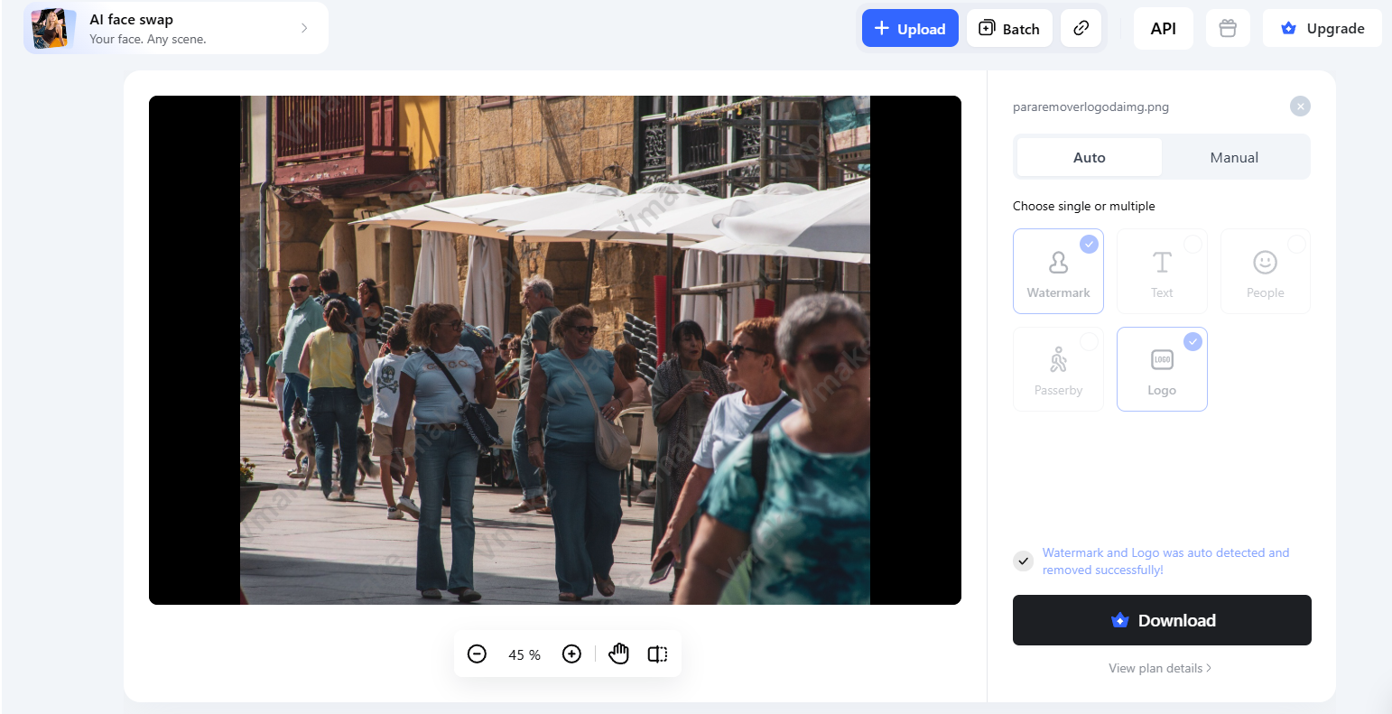 Interface da Vmake Labs removendo marca d’água e logo de um vídeo